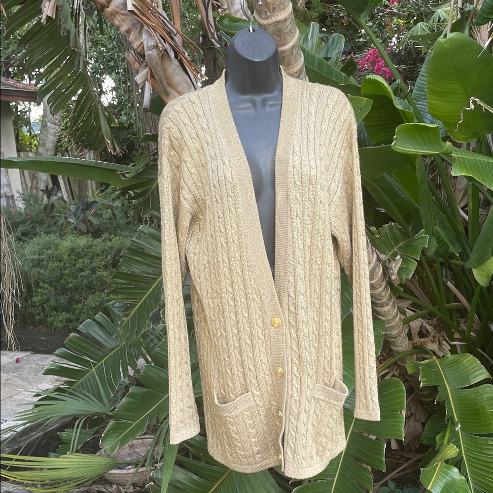 metallic gold cableknit long cardigan with pockets